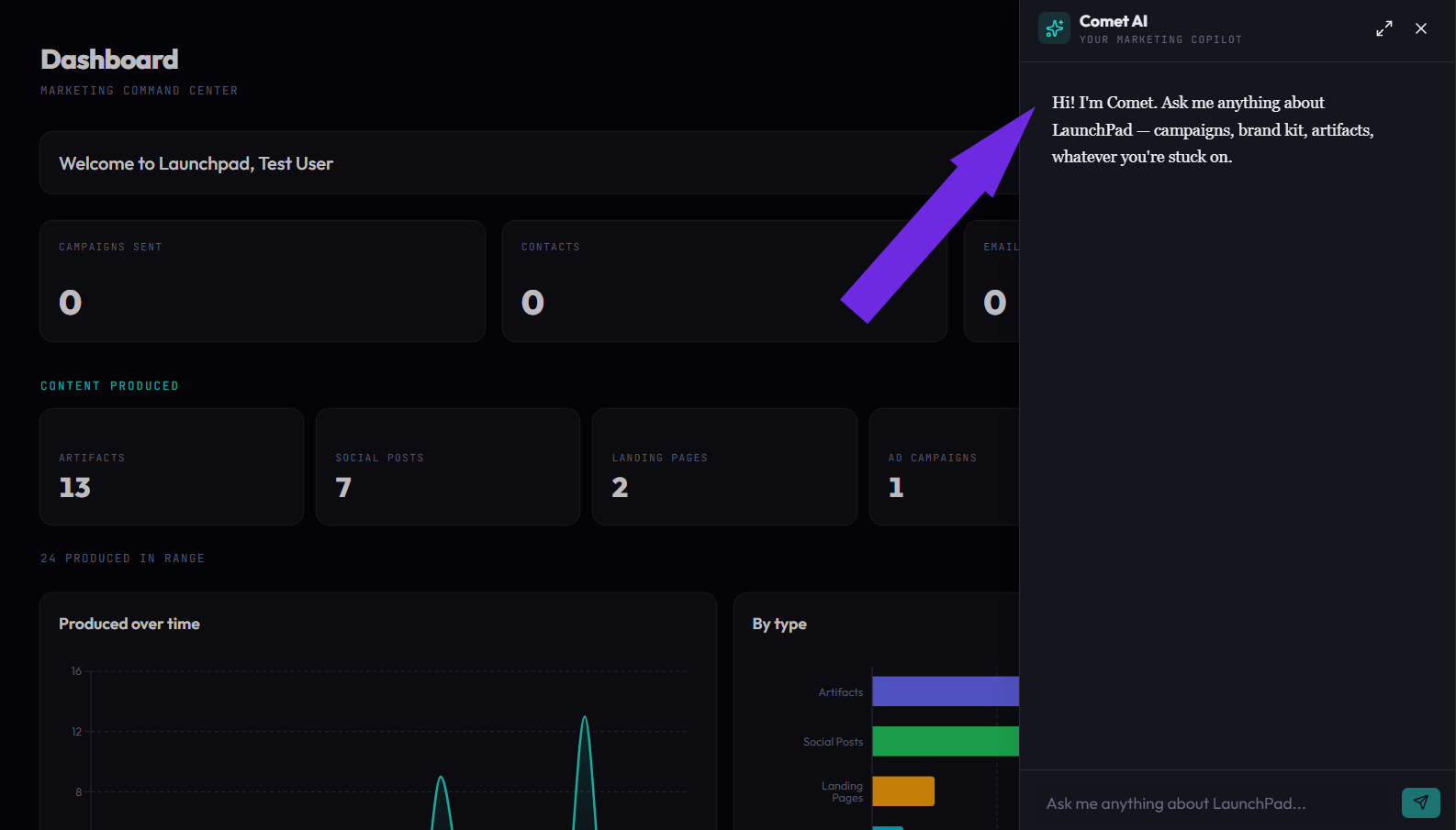 Comet AI marketing copilot panel alongside the LaunchPad dashboard